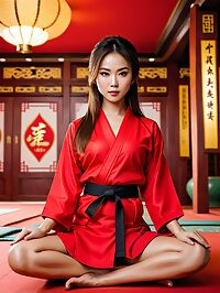 A young Vietnamese woman in red karate robes stands smiling at the casino bar