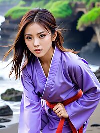 A Korean woman wearing purple karate robes in sunset lit Balinese scenery