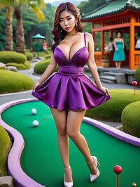 Tall curvy Indonesian woman in purple wedding dress tees off playfully